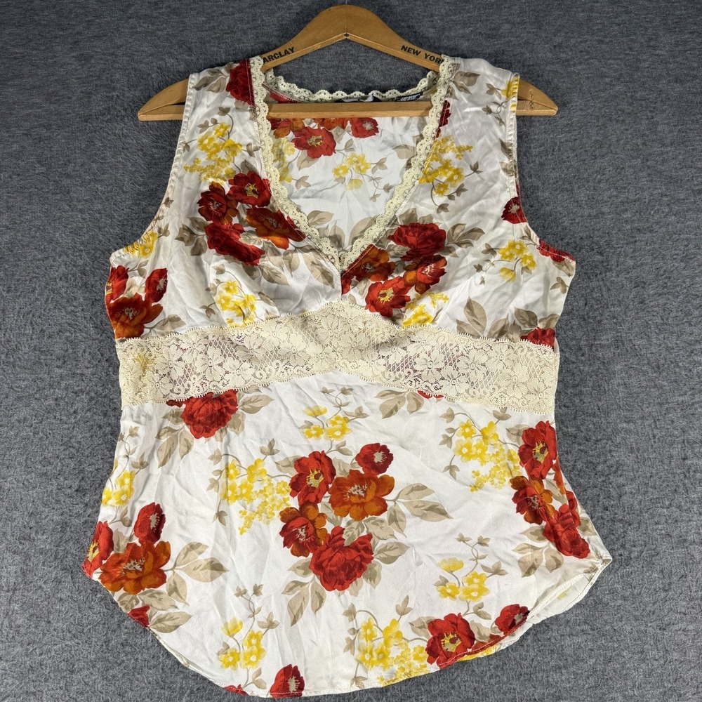 Y2K Floral Silk Babydoll Camisole Top Lace Fairycore Coquette Vintage SZ M
